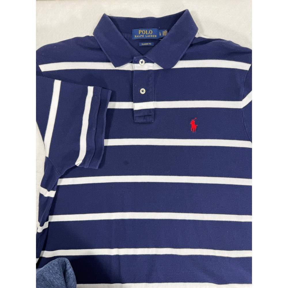 Polo Ralph Lauren Polo Shirt Mens L Classic Fit Navy Blue White Striped PonyEUC